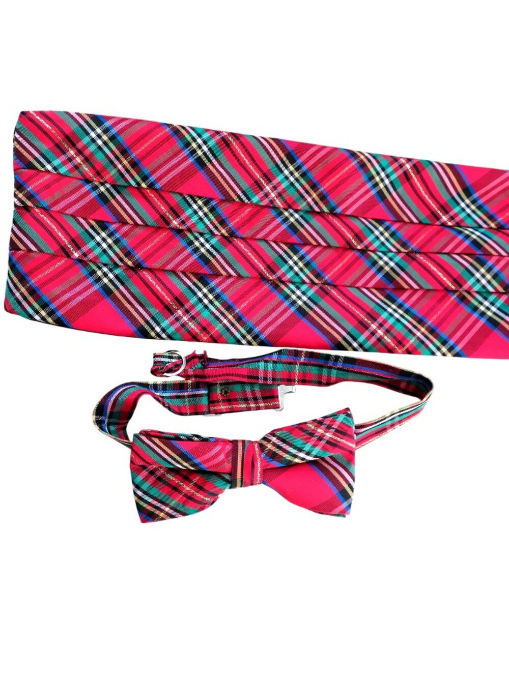 New Red Tartan Plaid Cummerbund & Bow Tie Set Adjustable Strap Formal Attire
